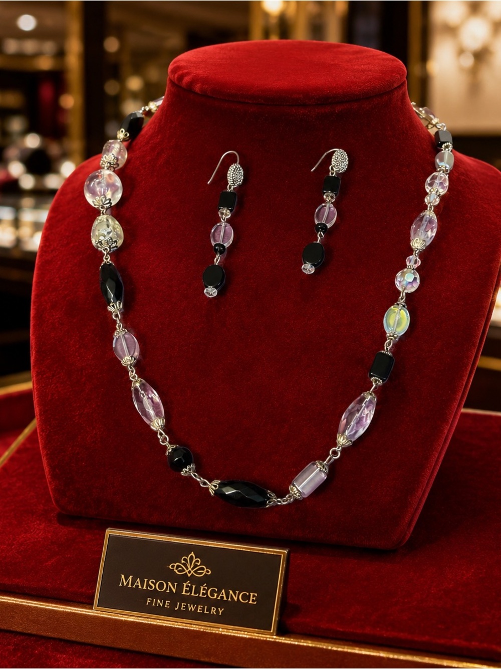 Vintage Czech AB Crystals Sterling Silver Necklace Earrings Set